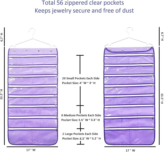Dual Sided Hanging Jewelry Organizer with Hanger for Closet Necklace Earrings Bracelet Ring Travel Holder (56 Zippered Clear Pockets Purple)