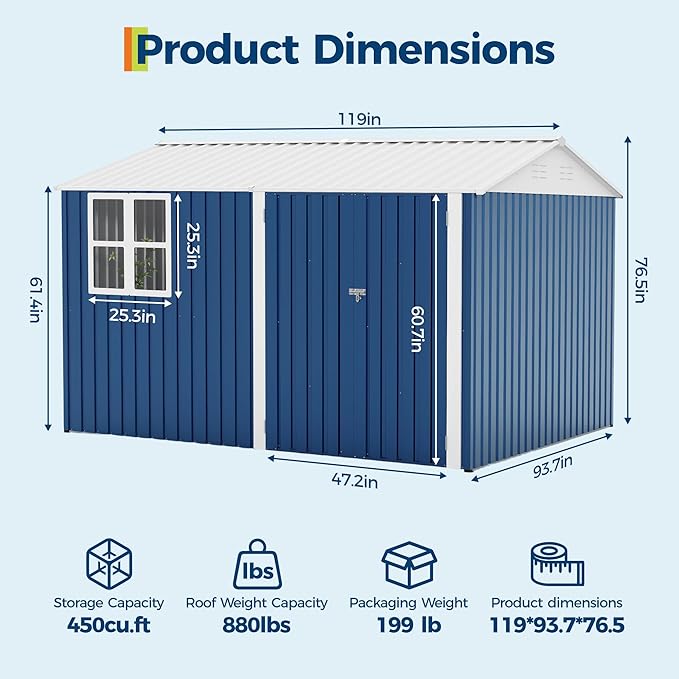 8x10 FT Outdoor Storage Shed,450CU.T Metal Tool Shed with Clear Window, Lockable Doors,Large Garden Storage Box with Sloping Roof，Sheds&Outdoor Storage for Backyard Garden Patio Lawn