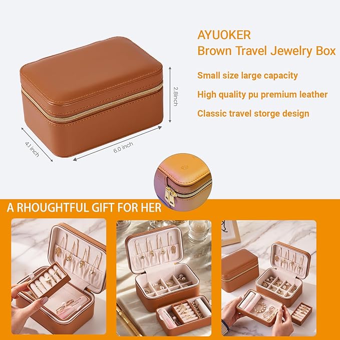 Brown Small Travel Jewelry Box,2 Layers PU Leather Travel Jewelry Box with Double Zippers, Portable Travel Jewelry Organizer for Necklace/Bracelet/Ring/Brooch