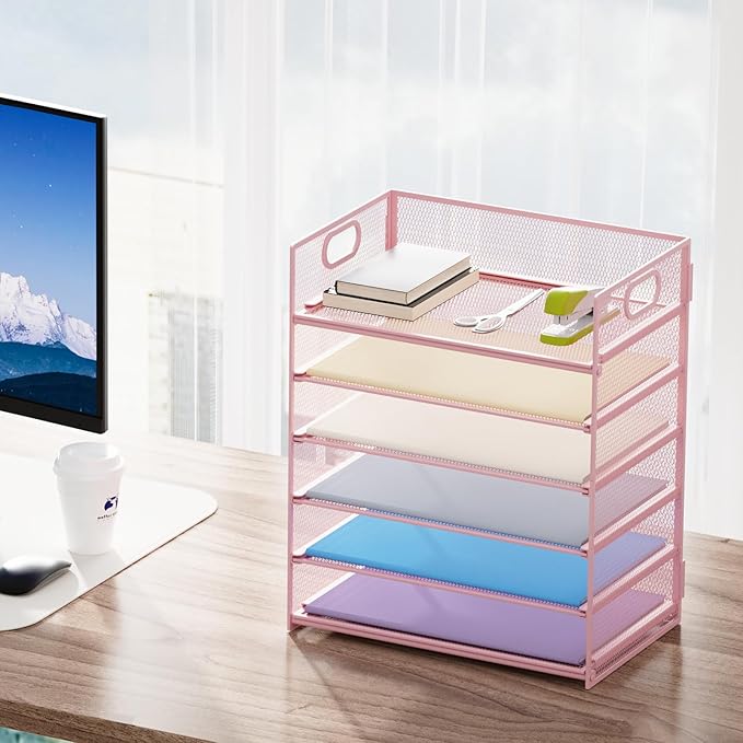Marbrasse 6 Tier Paper Organizer Letter Tray - Mesh Desk File Organizer with Handle, Paper Sorter for Letter/A4 Office File Folder Holder -Pink