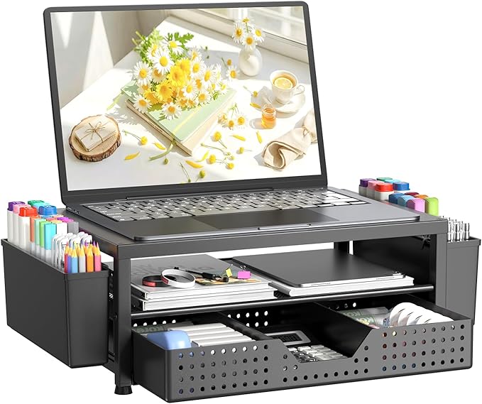 OPNICE Laptop Stand Desk Organizer, 2-Tier Metal Monitor Stand Riser with Drawer & 2 Pen Holders, Ventilated Perforated Steel Top, Office Desk Accessories for Home Office, Black
