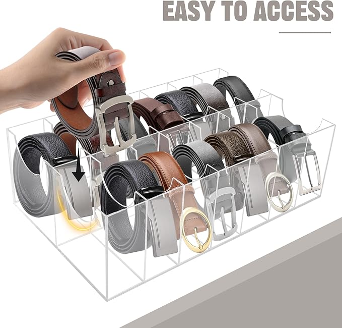 Belt Organizer with Lid, 14 Compartments Acrylic Belt Storage Holder with Dust Cover for Closet Drawer Checkroom Clear Belt Divider Display Case
