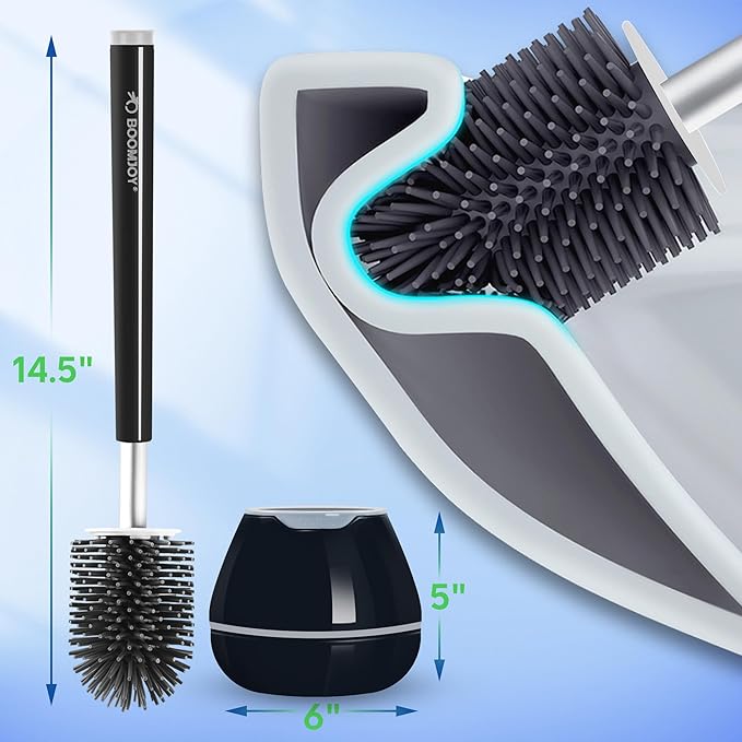 BOOMJOY Toilet Brush and Holder Set, Black Silicone Toilet Bowl Cleaner Brush, Toilet Scrubber Brush with Tweezers for Bathroom Cleaning, RV Accessories and House Organization Must-Haves