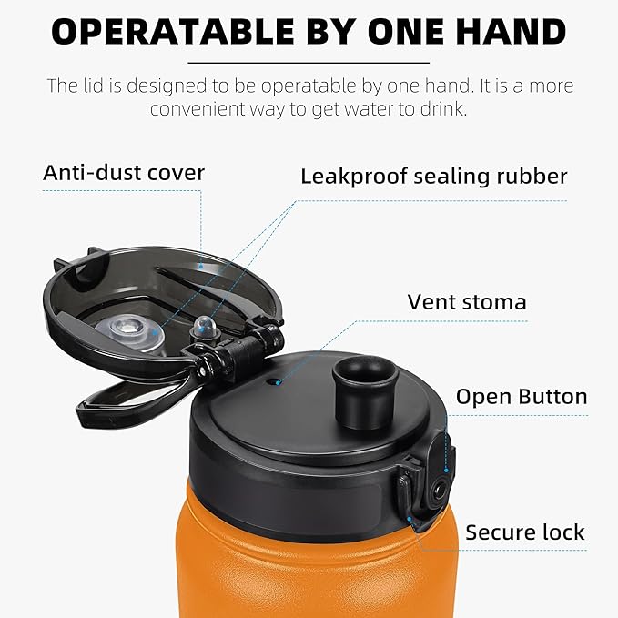 Fanhaw 20 oz Insulated Stainless Steel Water Bottle with Anti-Dust Chug Lid, Leakproof Vacuum Metal Bottle for Kids, Women & Men (Yellow Orange)