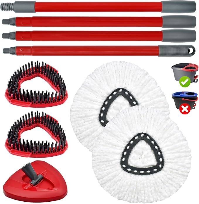 Spin Mop Handle,Mop Replace Heads,Brush and Base Compatible with O Cedar EasyWring 1 Tank,2 Microfiber Mop Refills and Brush,4-Section 30-58" Mop Handle,Mop Base Combo Set for Wet/Dry Floor Cleaning