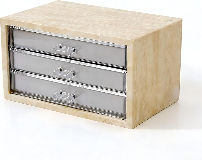 Natural Travertine Jewelry Box with 2 or 3 Drawer Organizers, Velvet Lined Storage for Rings and Necklaces (Small-3)