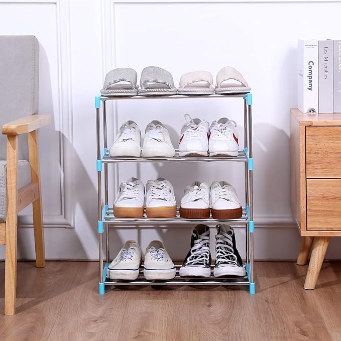 Stackable Small Shoe Rack, Entryway, Hallway and Closet Space Saving Storage and Organization (4-Tier, Blue)