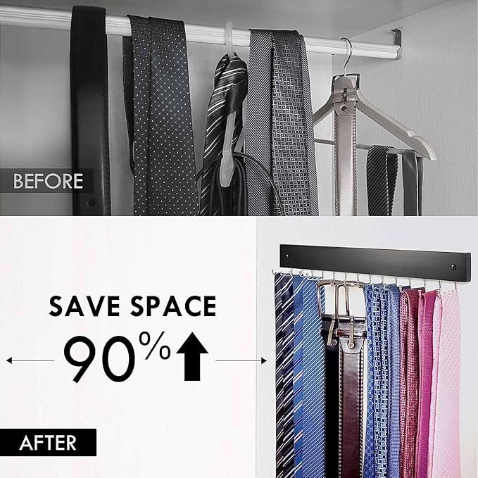 2Pack Tie Rack Wall Mounted, Wooden Belt Hanger Tie Organizer for Men with 28 Folding Hooks, Space Saving Tie Holder and Belt Rack for Closet Wall Mount, Black