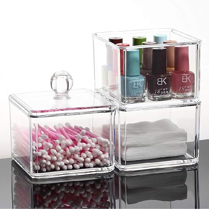 Stackable Square Acrylic Cotton Ball Holder Q-tip Holder Bathroom Swab Dispenser (Single pack)