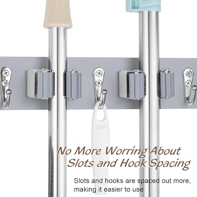 Gray Mop Broom Holder Wall Mount with 4 Slots & 4 Hooks - Wood Broom Mop Hanger for Pantry Closet Laundry Room Organization - Heavy Duty Garden Tool Organizer