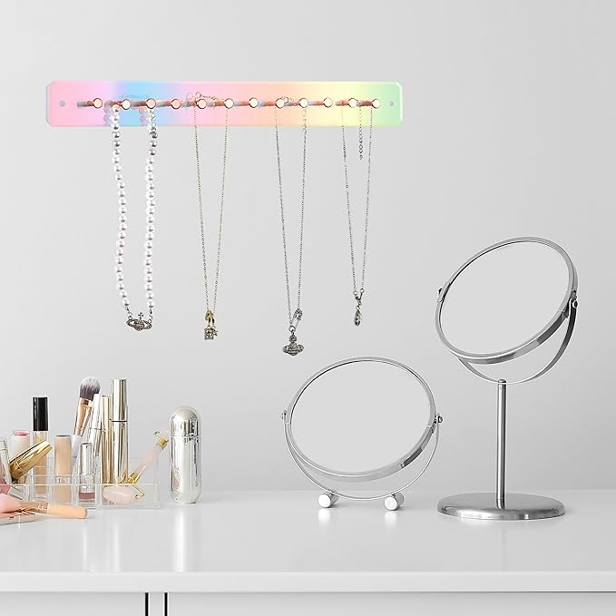2 Sets Iridescent wall necklace holder Acrylic hanging jewelry organizer Wall mounted with Adhesive stickers and Screws for Girl Women Necklaces Bracelets Rings and Jewelry Storage Display