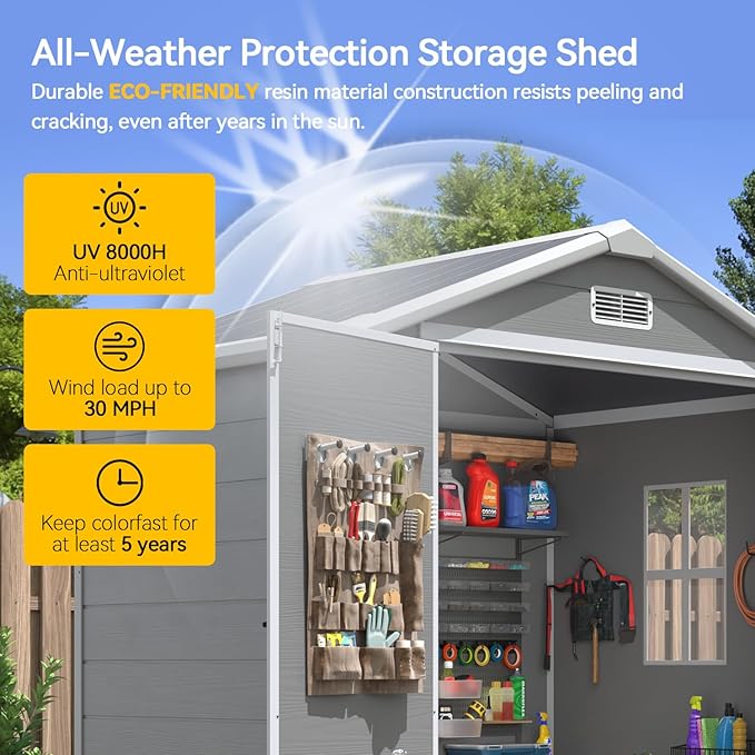 Aoxun 6x4 FT Outdoor Storage Shed, Plastic Garden Resin Shed with Floor and Window for Patio, Lawn, Outdoor Storage with Lockable Door for Bike, Garbage Can, Tools, Grey