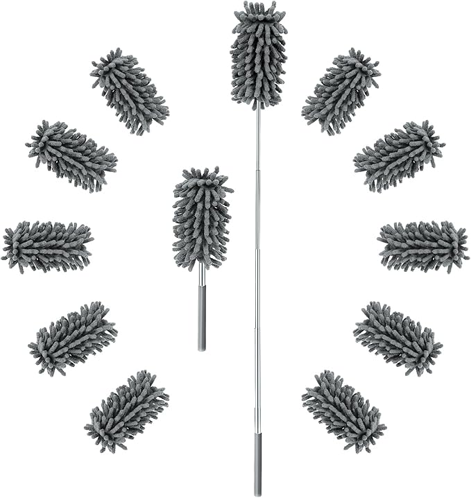 12 Pack High Duster with Extension Pole, Reusable & Washable Feather Duster, Microfiber Dusters for Cleaning for Ceiling Fan, Sofas, Ceiling, Car, Cabinet, Furniture, Blind(Gray)