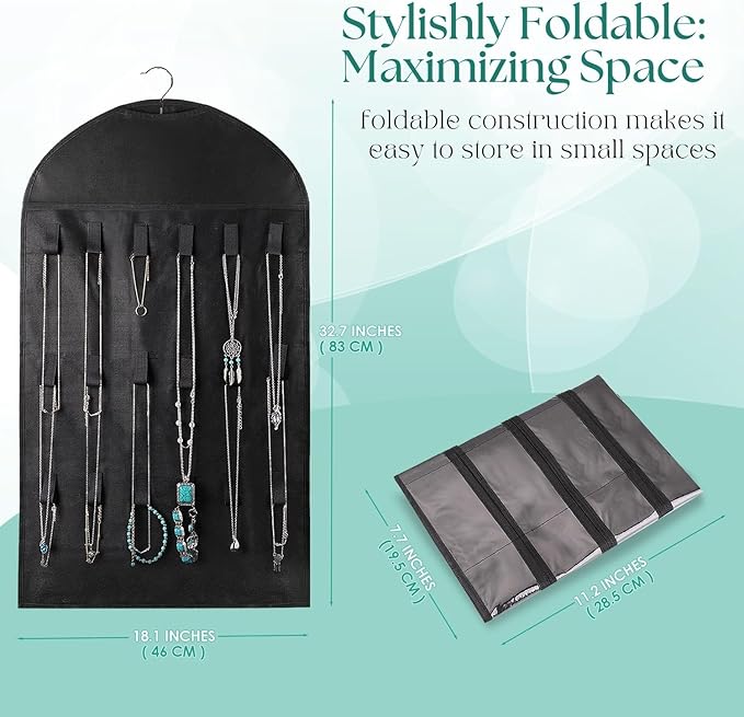 Flexzion Hanging Jewelry Organizer – (1 Pack) Black 32 Clear Pockets & 18 Hooks & Loops, Non-Woven Bag Dual Side Earring Storage Display Holder with for Necklace Bracelet Sunglasses