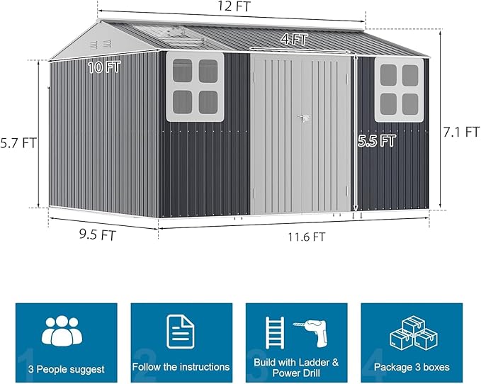 12x10 FT Outdoor Metal Shed,Unique Clear Roof Windows Lockable Double Door Air Vent,Heavy Duty Reinforced Frame Waterproof Sheds for Garden Storage Large Lawnmower Tool,Dark Grey