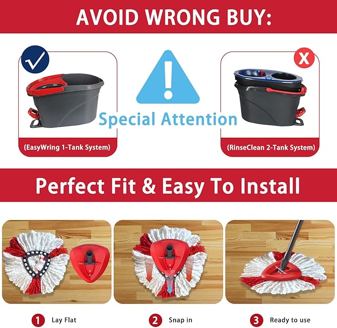 Easywring 1-Tank System,Mop Replacement Heads for O-Ceda Mop Replace Head, Spin Mop Heads Replacements, Microfiber Spin Mop Refills, Easy Cleaning Mop Head Replacement (Red and White 3pcs)