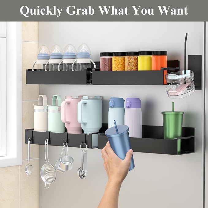 Magnetic Water Bottle Holder for Refrigerator, Cup Holder Organizer for Stanley and Tumbler for Kitchen, 4 Pack, Black