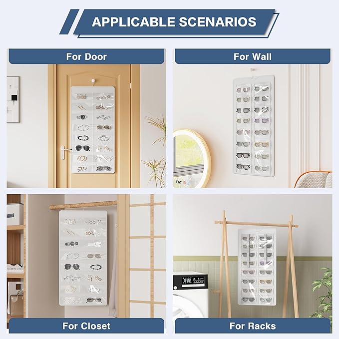 Hanging Sunglasses Organizer and Storage, Dual-Sided Sunglasses Case and Jewelry Holder, Wall-Mounted, 32 Clear Slots, Dust-Proof, Roof Design for Travel, White
