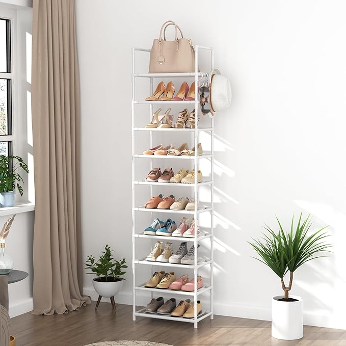 10 Tiers Tall Shoe Rack 20-25 Pairs Boots Organizer Storage Sturdy Narrow Shoe Shelf for Entryway, Closets with Hooks, White