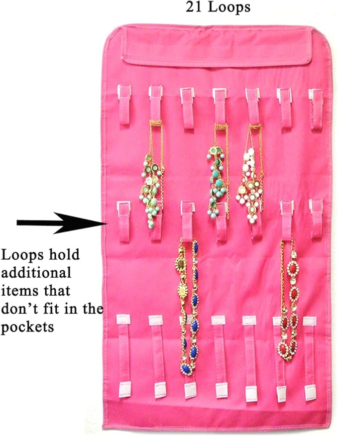 Wrapables® 28 Zippered Pockets Hanging Jewelry Organizer with 21 Holding Loops, Pink