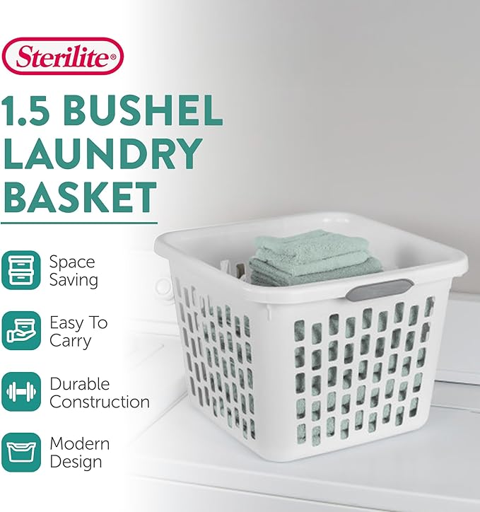 Sterilite Laundry Basket, Plastic Clothes Hamper, Large Square Bin with Comfort Grip Handles and Reinforced Rim, 1.5 Bushel Capacity, White, 12 Pack