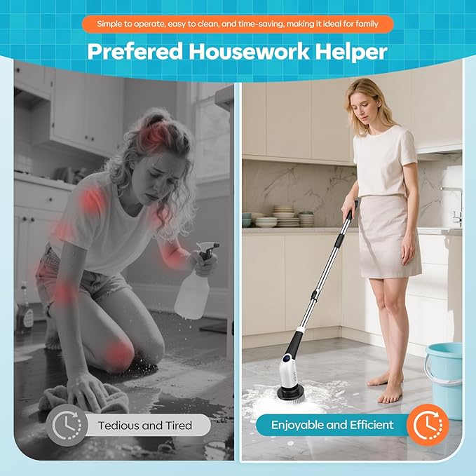 YKYI Electric Spin Scrubber-Cordless Power Scrubber with 8 Brush Heads, 3 Speeds & Adjustable Long Handle, IPX7 Waterproof Shower Cleaning Brush for Bathroom Tile, Bathtub, Grout, Kitchen(Matte White)