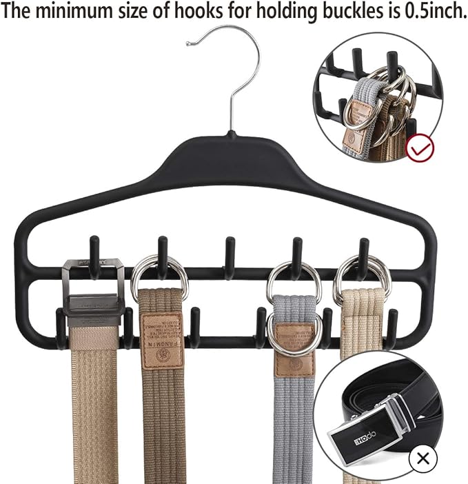 Belt Hanger Rack Holder 2 Pack, Sturdy Organizer with 360 Degree Swivel, 11 Large Hooks for Closet, Non Slip Rubberized Storage, Black, 14 x 0.39 x 11 Inch