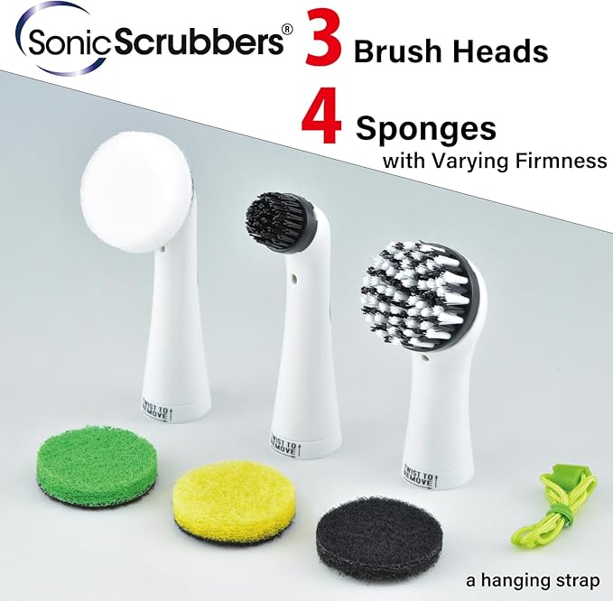 Sonic Scrubber – Super Electric Cleaning Brush | 3 Heads & 4 Multi-Firm Pads to Scrub, Polish & Clean Tile, Grout, Kitchen, Bathroom & More | Water-Resistant | Well-Loved in Japan