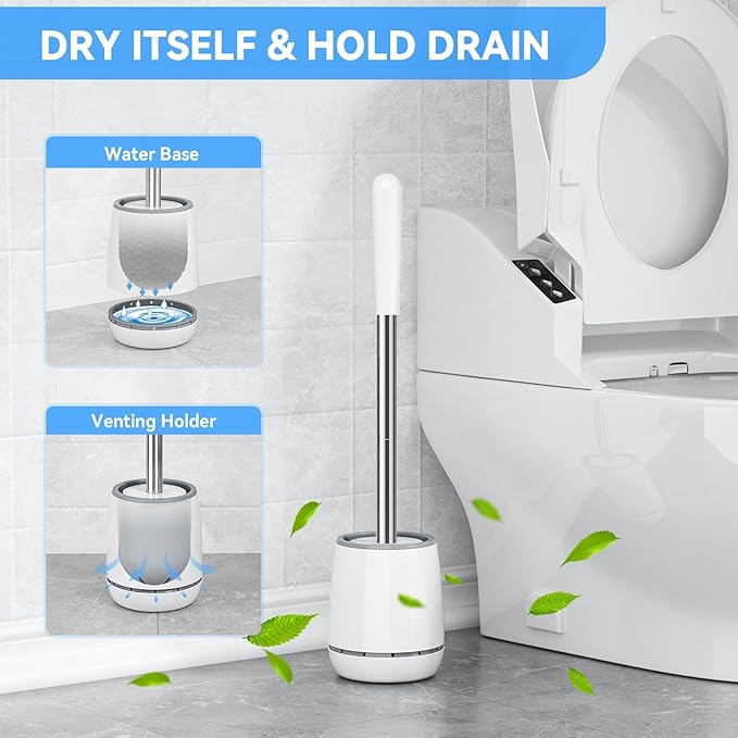 Toilet Brush, Toilet Brush and Holder with 304 Stainless Steel Handle, Space Saving Toilet Bowl Brush for Storage, Durable Bristles Toilet Scrubber for Bathroom Cleaning (2, White)
