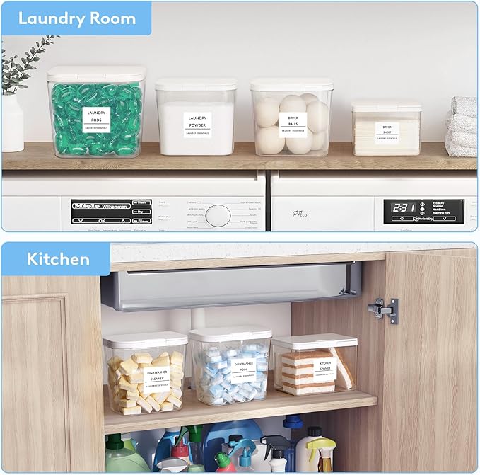 Lifewit Laundry Pods Container with Pop-up Lid, Detergent Dispenser, Dryer Sheet Holder, Laundry Room Organization Storage Jars for Washing Powder, Soap, Scent Booster Beads,0.5+0.72+1.2gal, 4 Pcs