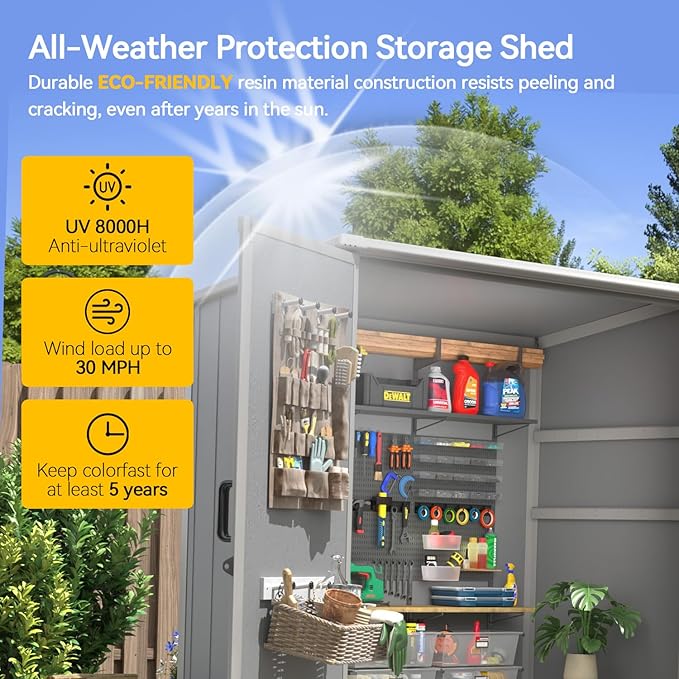 Aoxun 5x3 FT Outdoor Storage Shed, Plastic Garden Resin Shed with Floor for Patio, Lawn, Outdoor Storage Cabinet with Lockable Door for Bike, Garbage Can, Tools, Grey