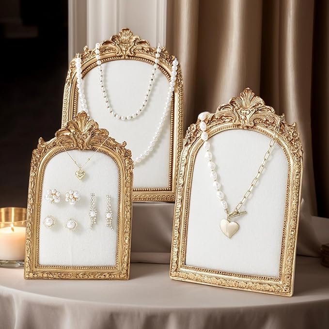 Vintage Frame Jewelry Stand, Gold Resin Photo Frame Earring Necklace Ring Organizer for Woman Engagement Wedding Collectibles (Large)