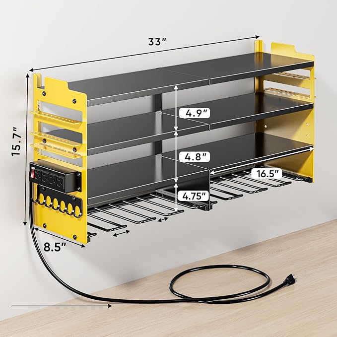 Large Power Tool Organizer Wall Mount with Charging Station,4 Layer Heavy Duty Metal Storage Rack Loads 600lbs with 8 Cordless Drill Holder,Battery Utility Rack Gift for Garage workshops Room
