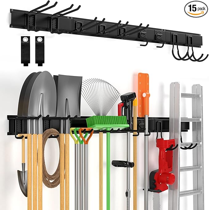 64" Wall Mount Tool Storage Rack, 15 PCS Heavy Duty Steel Yard Garden Tool Organizer, Garage Tool Organizer Wall Mounted Storage System Hold Up to 550lbs, with 2 Extension Cord