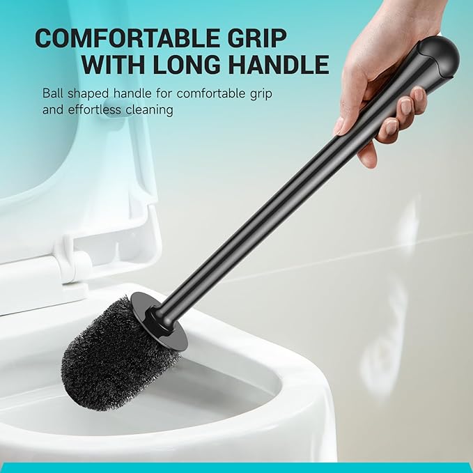 Toilet Brush and Holder, Toilet Bowl Brush with Long Handle, Plastic Holder Easy to Hide, Drip-Proof, Easy to Assemble, Deep Cleaning