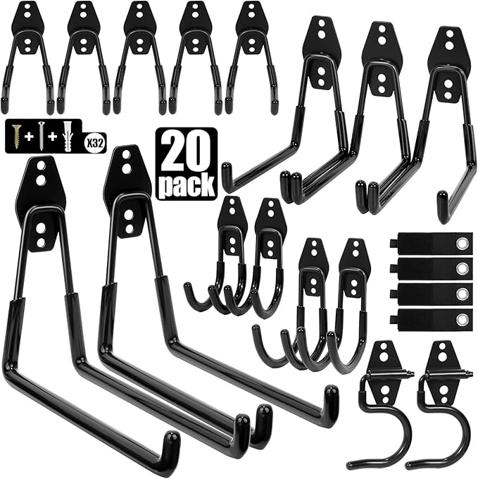 Heavy Duty Garage Hooks Storage, Anti-Slip Steel Wall Mount Multi-Size Utility Hangers Organizer for Ladders, Bikes, Garden Tools, Hose with 32 Screws Hardware Kit (Black, 20 Pack)