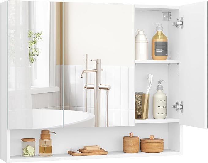 VASAGLE KAILYN Collection - Medicine Cabinet Mirror, Bathroom Wall Mirror Cabinet with Storage, Open Compartment, Adjustable Shelves, 6.5 x 35.4 x 29.5 Inches, Cloud White UBBK130W01