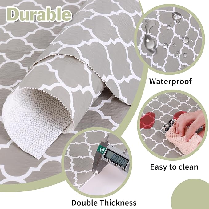 Drawer and Shelf Liner for Kitchen Cabinet: 17 in X 30 Ft Non Slip Waterproof Shelf Paper Non Adhesive Refrigerator Liners Gray Quatrefoil Easy Liners for Bathroom Cupboard with Knife Tape Measure
