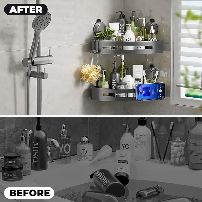 ONXE Shower Caddy Corner,Suction Cup Shower Caddy with Hooks,No Drilling Rustproof Aluminum Bathroom Organizers and Storage,Shelves for Bathroom Accessories Decor (1)