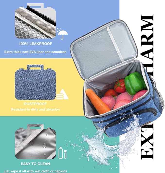 ExtraCharm Insulated Lunch Bag for Women/Men - Reusable Lunch Box for Office Picnic Hiking Beach - Leakproof Cooler Tote Bag Organizer with Adjustable Shoulder Strap for Adults