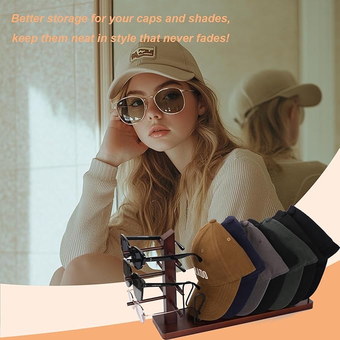 2-In-1 Hat Stand Rack for Baseball Caps Wood Hat Organizer with Eyeglasses Holder Sunglasses Organizer Space-Saving Closet Shelf Organizer for Bedroom Entryway
