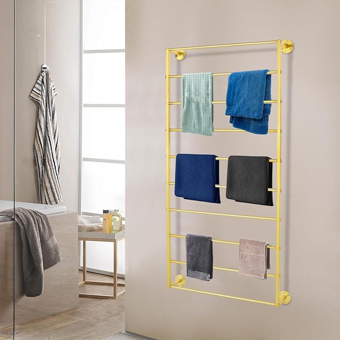 10 Tiers Tie & Scarf Rack, Wall Mounted Scarf Rack, Wall Display Rack, Multifunctional Metal Rack, Towels Storage Rack, Ribbon Holder Wall Display Rack for Accessory Stores Flower Shops (Gold)