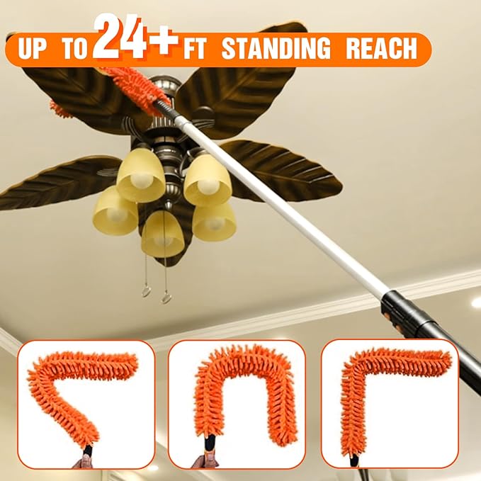 30FT High Reach Duster Cleaning Kit with Extension Pole, High Ceiling Fan Cleaner Duster Tool for Fan Blades, Window Washing Kit with Microfiber Feather Duster & Window Squeegee & Bucket