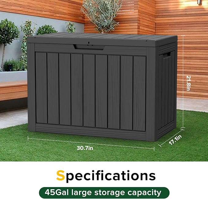 45 Gallon Outdoor Deck Box, Lockable Waterproof Outdoor Storage Boxes For Garden Tools,Indoor Cushions,Accessories Outside Storage Resin Weatherproof Container(Black)