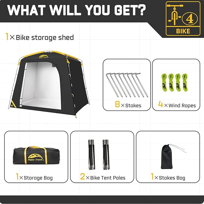 Happy Travel Bike Storage Shed Tent, Waterproof Portable Bike Cover with 40% More Top Space for 2/3/4/5 Bikes,Clips Easy Setup Sheds Shelter with Lockable Bicycle Design for Garden Tools, Lawn Mower