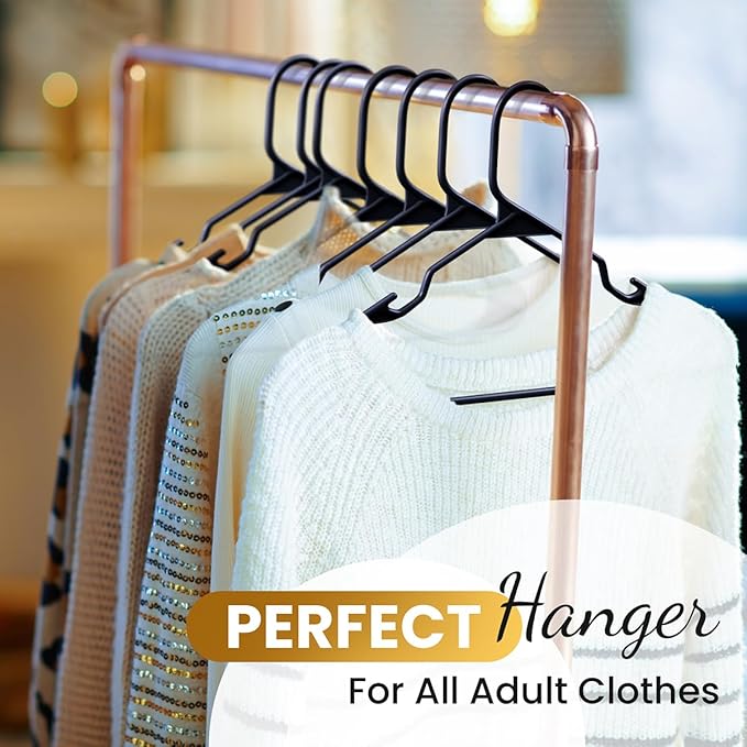 100 Pack Adult Plastic Hanger for Shirt Pants Coats Dresses Skirts Suits Jackets - Standard Thick Coat Hanger - Sturdy & Durable Design with Shoulder Grooves Hook - Black