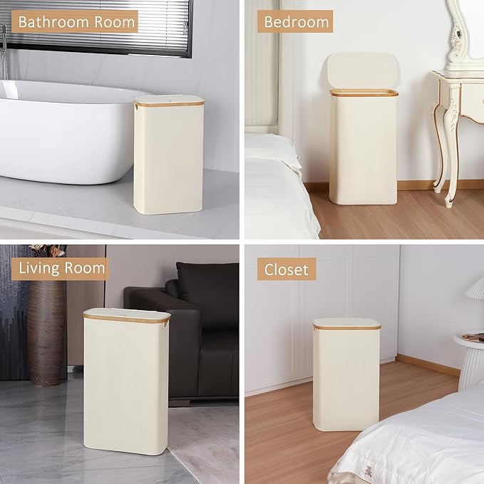 65L Slim Laundry Hamper, Narrow Laundry Basket with Lid,Foldable Clothes Hamper with Bamboo Handles,Hamper Basket with Removable Inner Bag for Laundry Room Bedroom College Dorm,17.17 Gals Beige