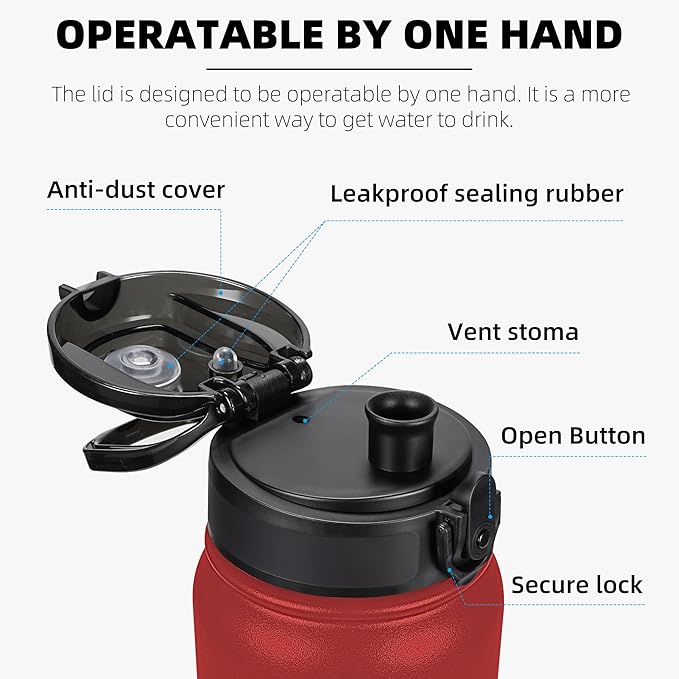 Fanhaw 32 oz Insulated Stainless Steel Water Bottle with Anti-Dust Chug Lid, Leakproof Vacuum Sports Bottle for Men & Women (Red)