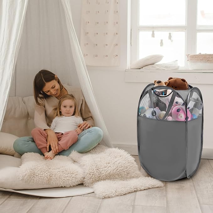 TECHMILLY Pop Up Foldable Laundry Basket, Mesh Laundry Hamper with Reinforced Handles for Dirty Clothes Storage in Dorm, Laundry Room, Bathroom, Grey(Fabric), 3 Pack