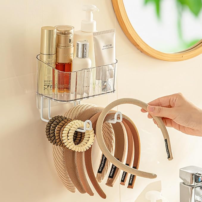 Wall Mount Headband Holder Hair Accessories Organizer, Self Adhesive Scrunchie Holder with Clear Acrylic Caddy for Bows, Ties, Clips, Pins, Claw Clip,Clear